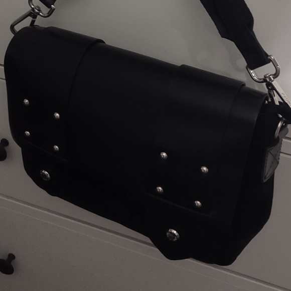 PRUNE . Black suede and bovine leather dotted snap front zipper prune purse. - Picture 11 of 15